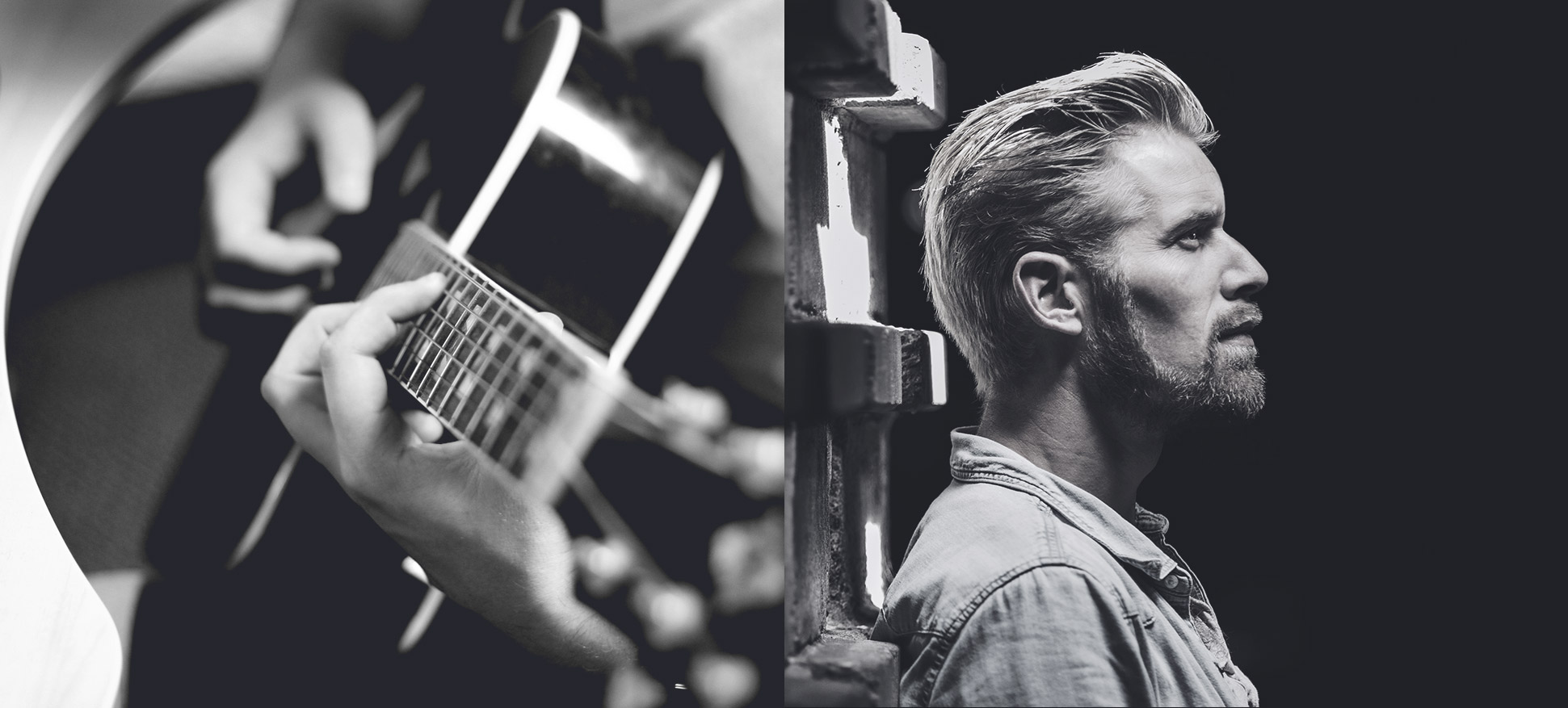 Black-and-white acoustic guitarist, pensive profile