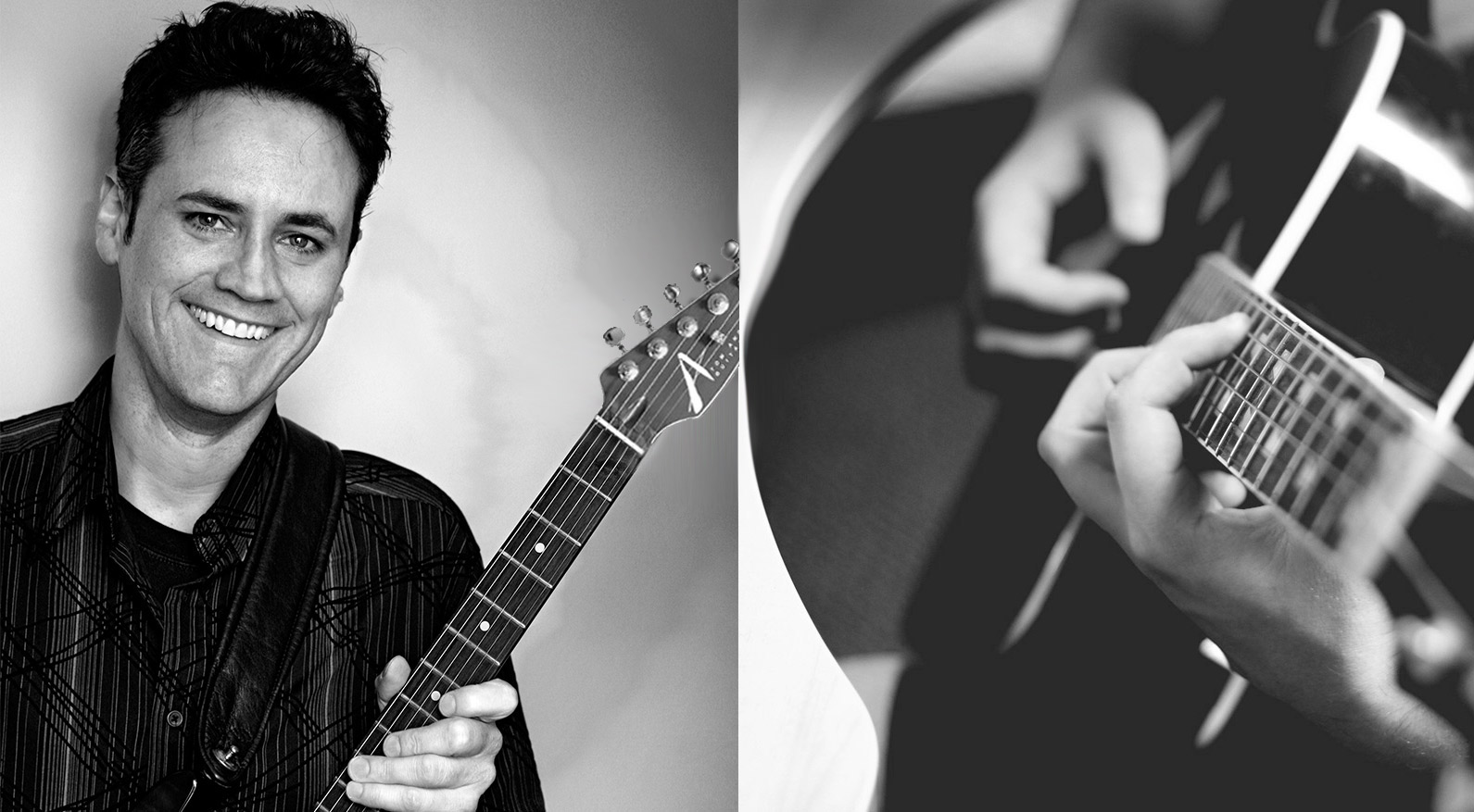 Smiling guitarist beside close-up of guitar hands