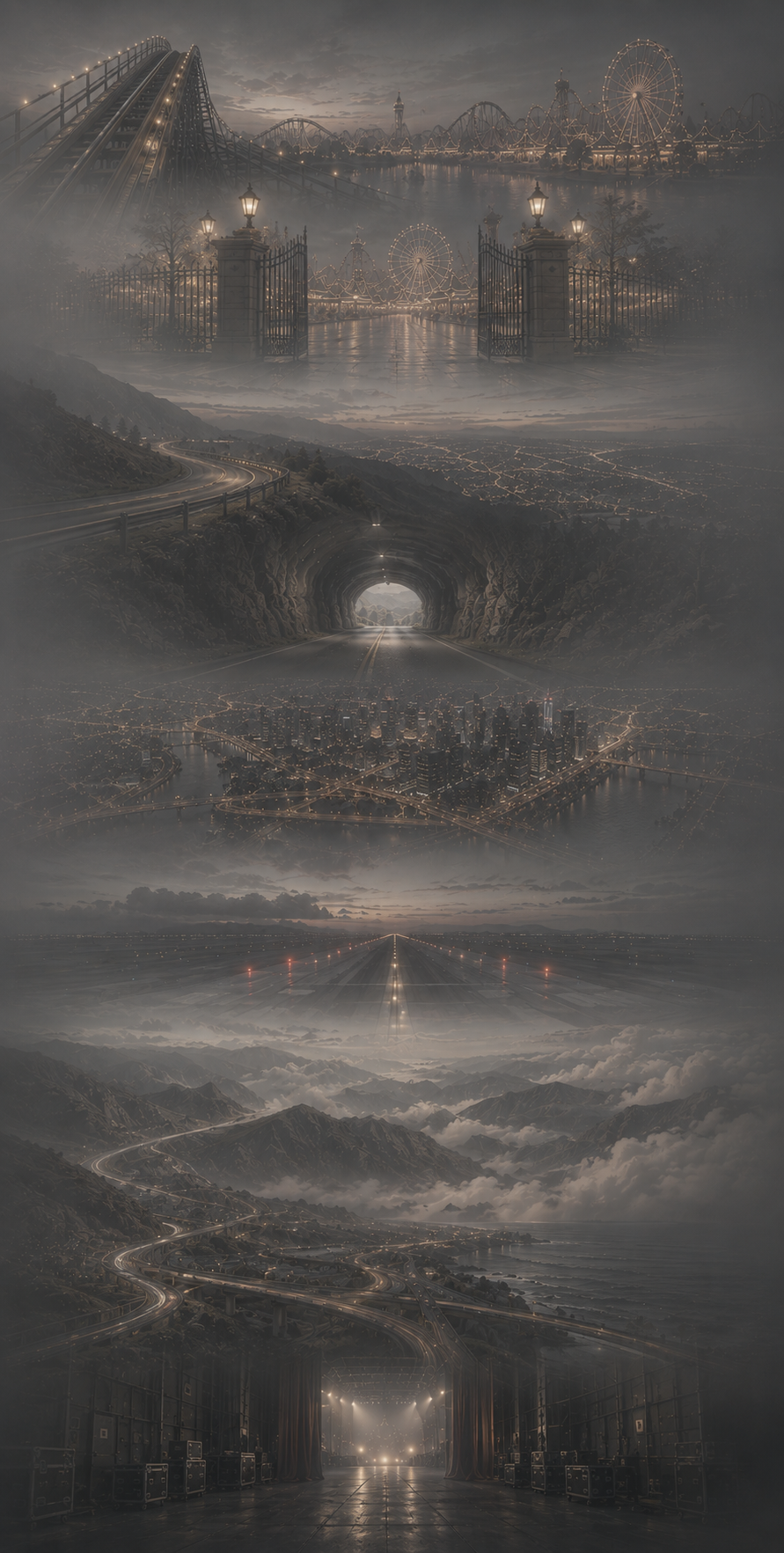 Foggy dystopian cityscape with bridges and tunnels